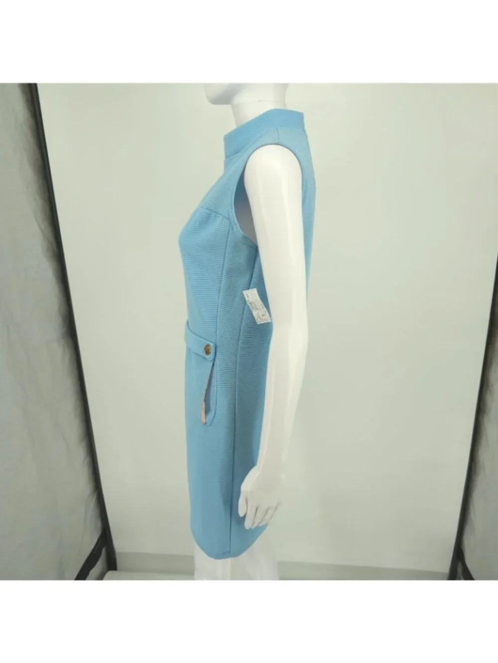 Vintage 1960s Blue Dacron Ribbed Knit Sleeveless Mock Neck Mod Mini Dress (M)